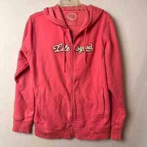 Life Is Good jacket Womens L‎ Solid pink  Graphic Pockets Hooded Stains
